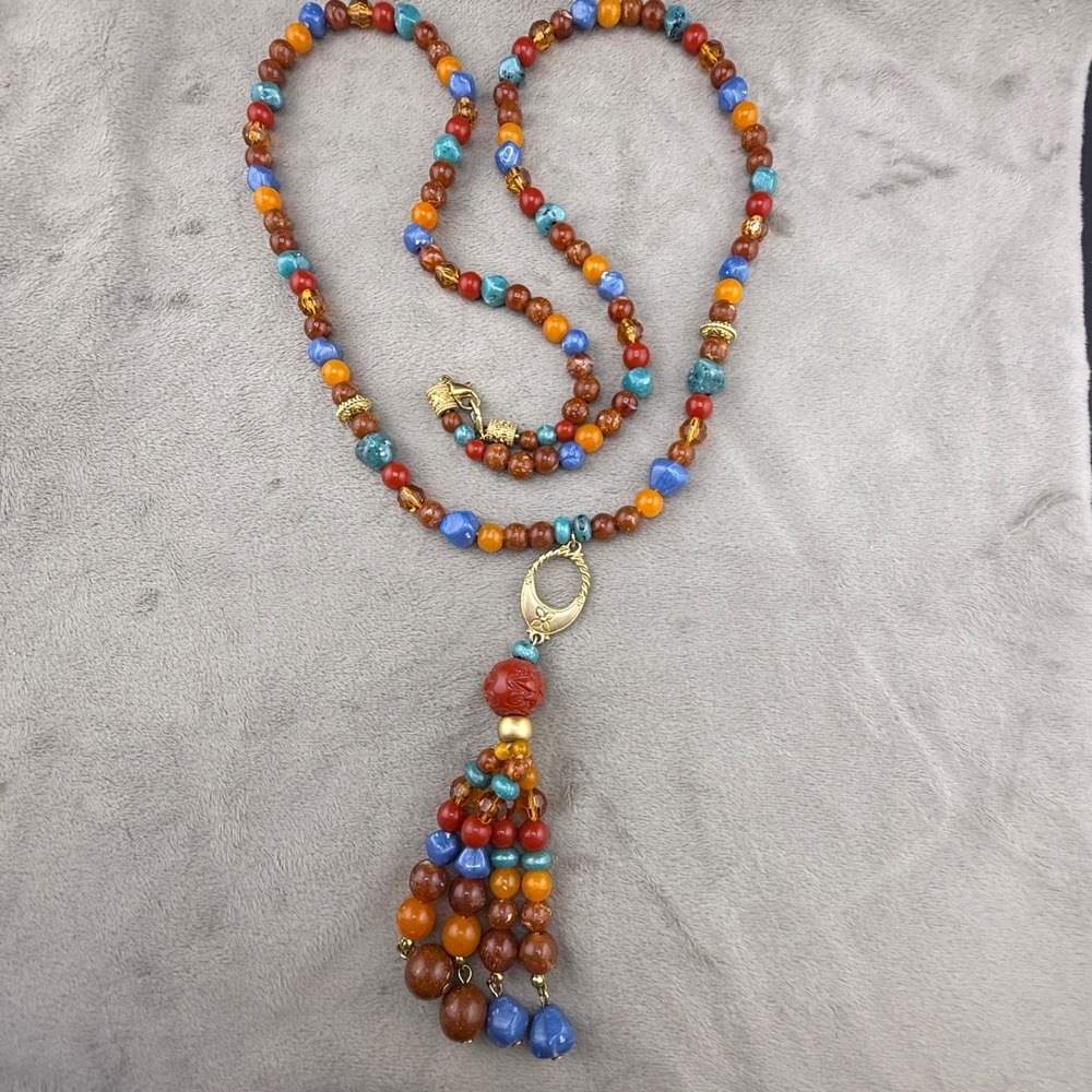 Liz Claiborne Necklace Rainbow Gold Tone Beaded‎ Tassel Adjustable 40"